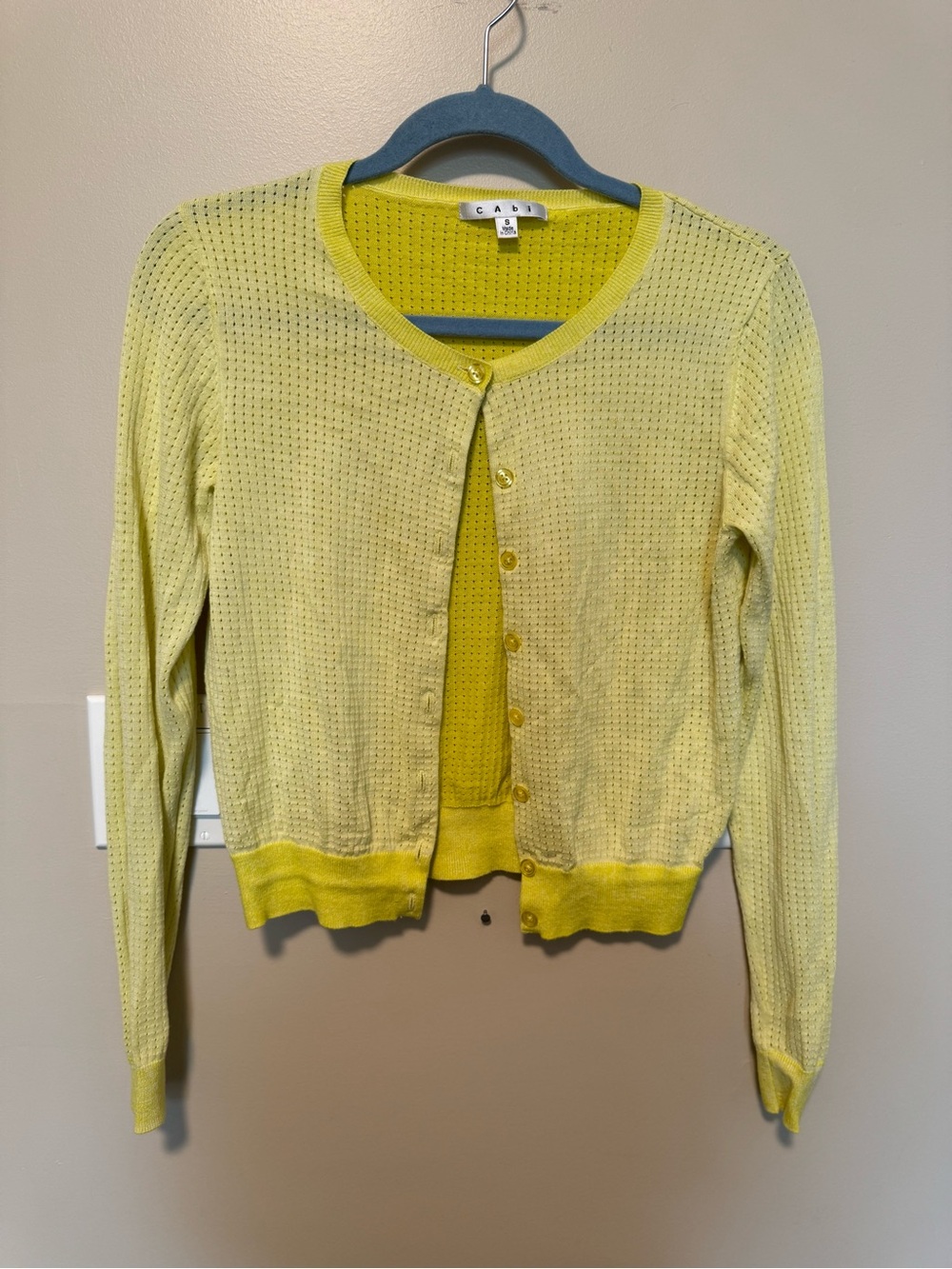 CAbi Light Yellow Pointelle Crewneck Cardigan